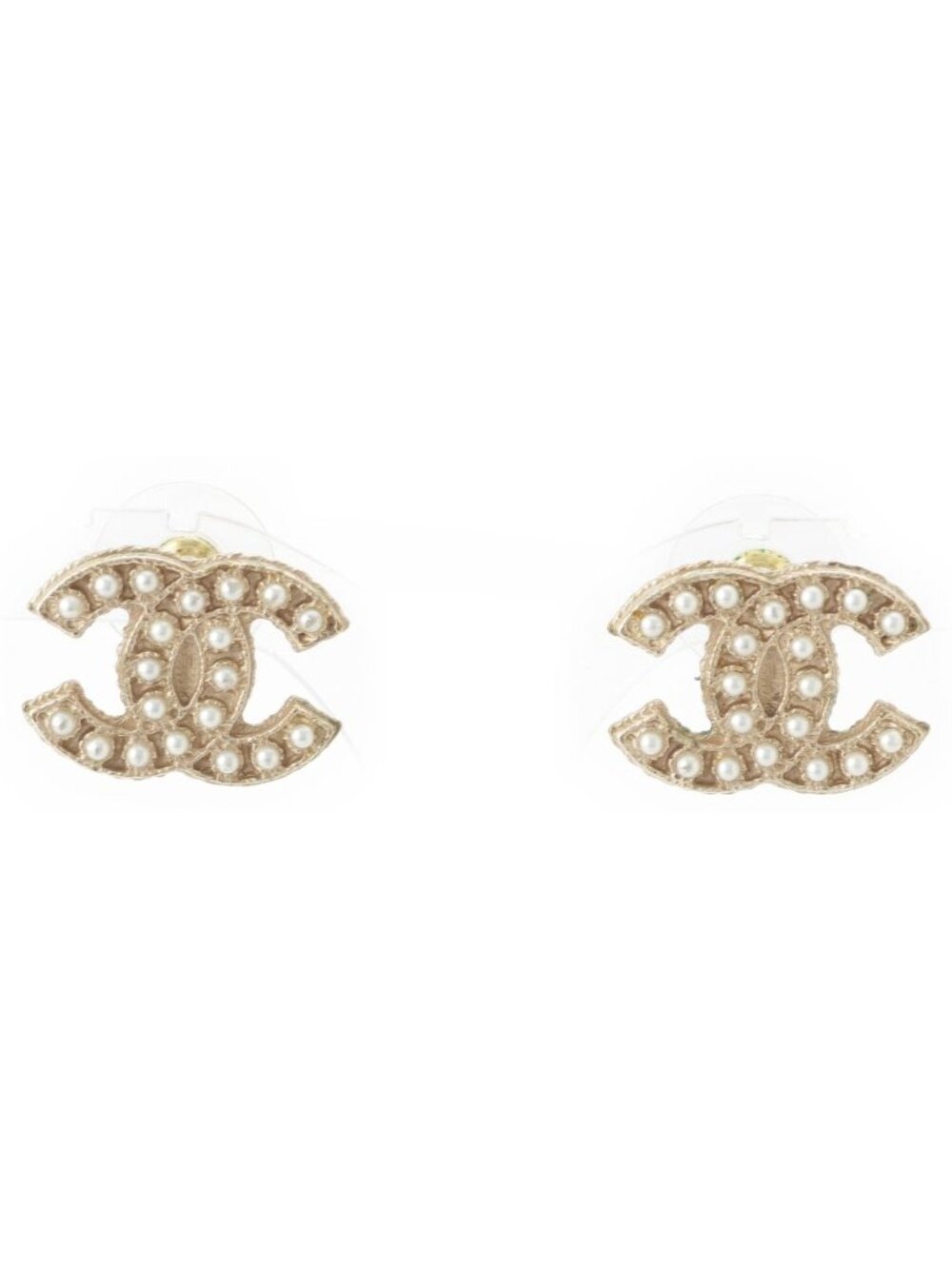 Chanel CC Logo Pearl Earrings Champagne Gold